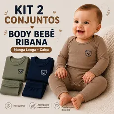 KIT 2 Conjuntos Bodys Bebê Ribana Ursinho Manga Longa com Calças Canelada Inverno P ao 3