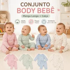 Conjunto Body Bebê Manga Longa 100% Cotton com Calça Estampado Menino Menina