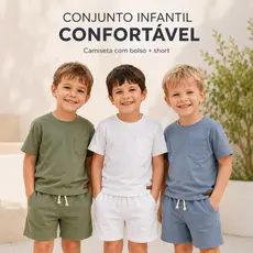 Conjunto Infantil Camiseta com Bolso e Short Algodão Menino Cores Sortidas