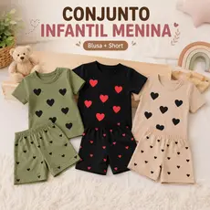 Kit 2 Conjunto Infantil Menina Coração Blusa Short 100% Cotton Verão Confortável 1 ao 10