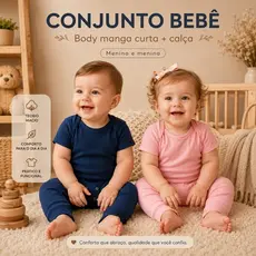 Kit 2 Conjuntos Bodys Infantis Ribana Manga Curta Body + Calça Bebê Meia Estação