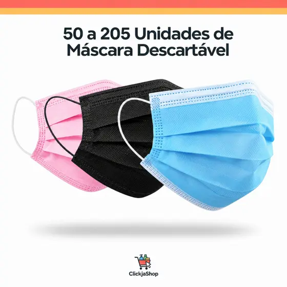 50 a 250 Uni. Máscara Descartável Tripla Camada | Rosa, Azul e Preto + Proteção e Conforto