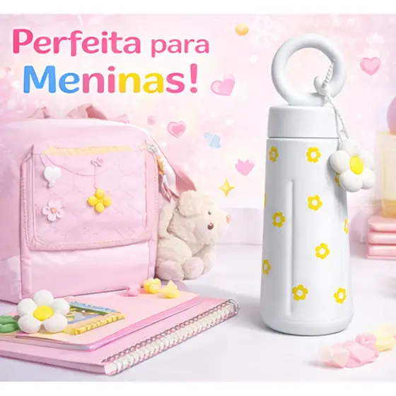 Garrafa de Aço lnoxidavel com alça e Chaveiro de Flor 450ml