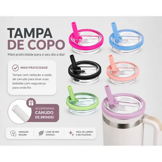 Tampa Copo Termico Reposição com Canudo para Garrafa 1200ml 40oz Resistente Antivazamento Vedação Total