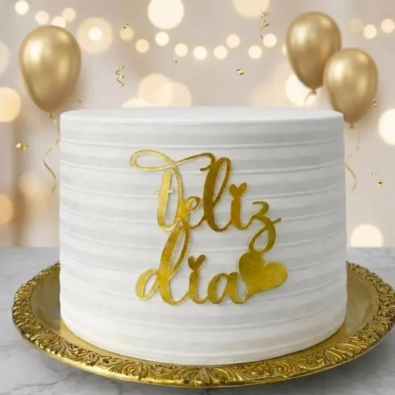 Kit 10 Aplique Para Bolo Feliz Dia Papel Laminado Dourado