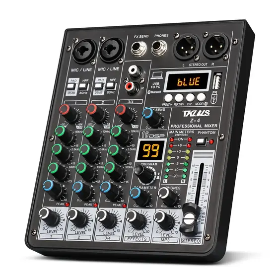 Mesa de som 4 canais Com Mixer Equalizador Efeitos 48v Bluetooth PC Mp3 alimentação USB 12V