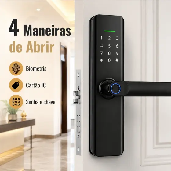 Fechadura Eletrônica Digital 4 em 1 com Biometria, Senha por Toque, Chave e Tag