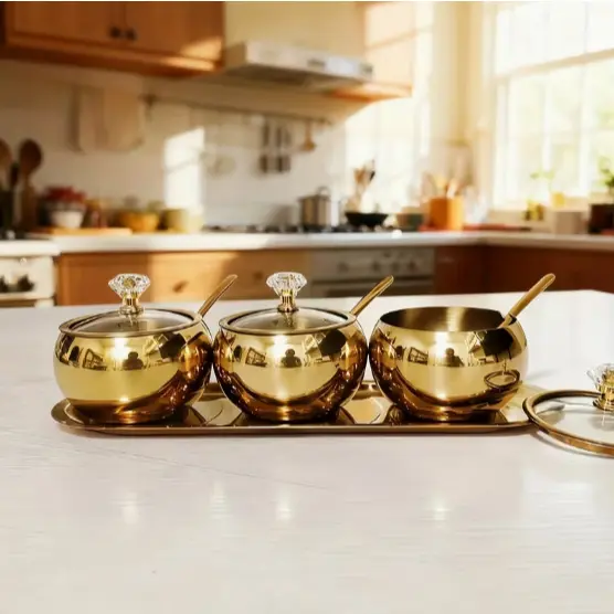 Kit 3 potes Açúcar condimentos com bandeija, aço inox 304 esférico cozinha luxuoso moderno