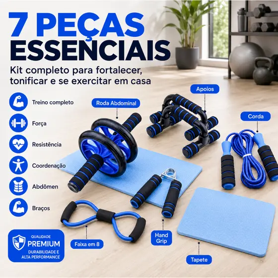 Kit Fitness 6 em 1 Roda Abdominal Flexão Corda Elástico Hand Grip Tapete Treino em Casa