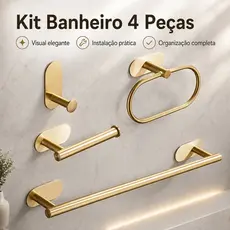 Kit 4 Peças Acessórios para Banheiro Adesivo Sem Furação Toalheiro e Gancho em Aço Inox