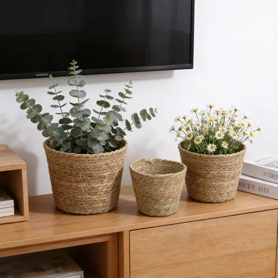 Kit 3 Cesta De Flores Trançada De Palha Para Sala De Estar