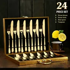 Jogo Talheres 24 Peças Faqueiro Dourado Aço Inox Premium Luxo cozinha Com Maleta