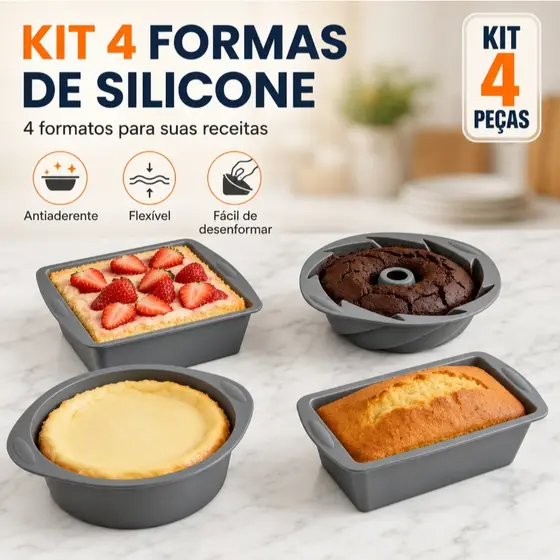 Kit 4 Formas de Silicone para Air Fryer Forno Freezer MIcroondas Assadeira ideal Bolo Pães e Doces