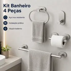 Kit 4 Peças Acessórios para Banheiro Adesivo Sem Furação Aço Inox Toalheiro e Gancho
