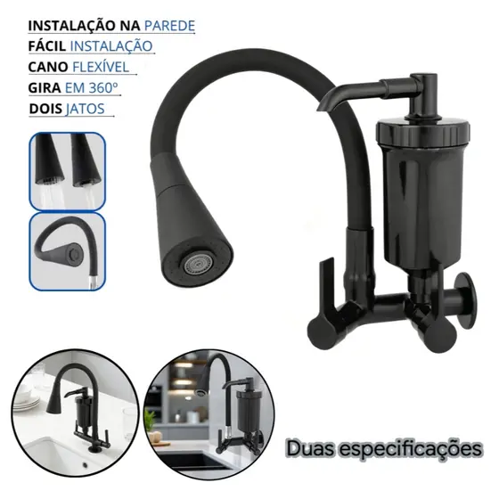 Torneira Filtro Gourmet Cozinha Cano Flexível Arejador 02 Modos Preta Luxo