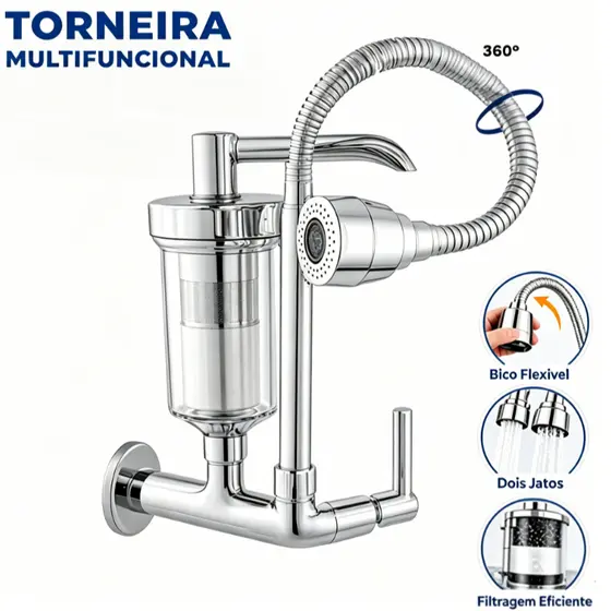 Torneira Gourmet Filtro de Parede Cozinha Flexível Jato Duplo Cromada Luxo 1/4 de volta
