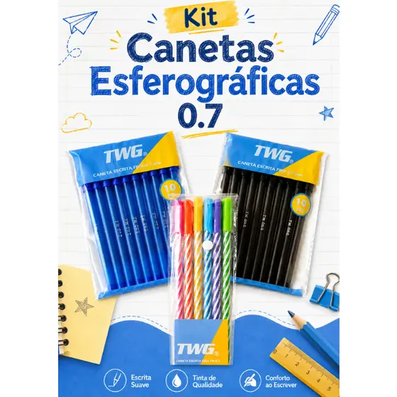 KIT 26 CANETAS Esferográficas 0.7 Coloridas Preta e Azul Ponta Fina