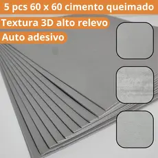 Kit 5 Placas Cimento Adesivo 3d Parede 60x60 Flexível Queimado Cinza Cimento Bruto Textura  Alto Relevo