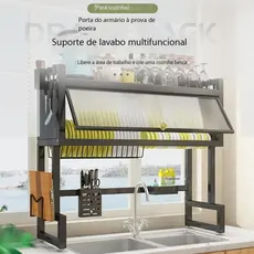 Organizador Escorredor De Pratos E Louças Suspenso Sobre Pia Com Porta Armário De Cozinha Aço Carbono Multiuso