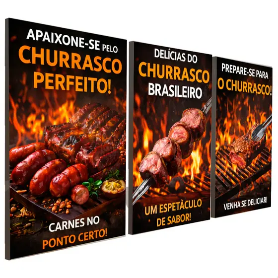 Quadros Decorativos 3 Peças Churrascaria Carnes Frases Fogo Grelha Casa Sala Quarto Decoração Hall