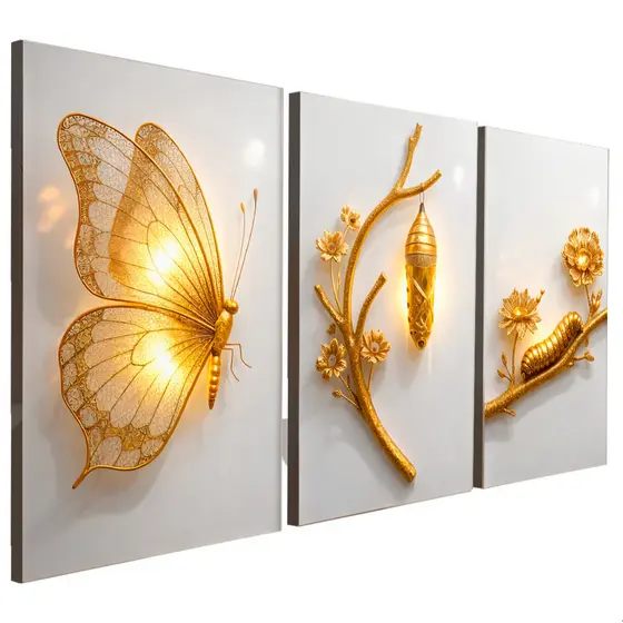 Quadros Decorativos 3 Peças Borboleta Casulo Galho Dourado Florreça Casa Sala Quarto Decoração Hall
