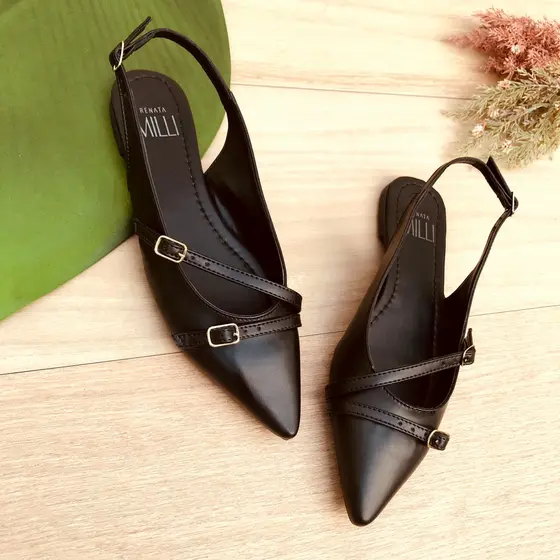 Sapatilha Feminina Bico Fino Slingback Tiras Fivelas RENATA MILLI Exclusiva Confortável Elegante Luxo Tendência Or