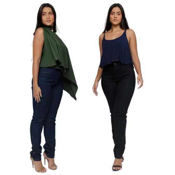 Kit 2 Calças Jeans Femininas Skinny Cintura Alta Modeladora Elastano
