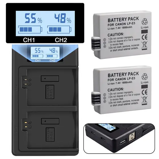 Carregador De Câmera Lp-e5 1800mAh 7.4V 2 Bateria Para Canon 450D 500D 1000D KISS X3 Reble T1i