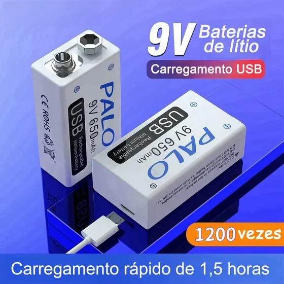 Kit Carregador De Pilhas Recarregável 9v 650mAh De Carrega Usb 2 Baterias Pp3