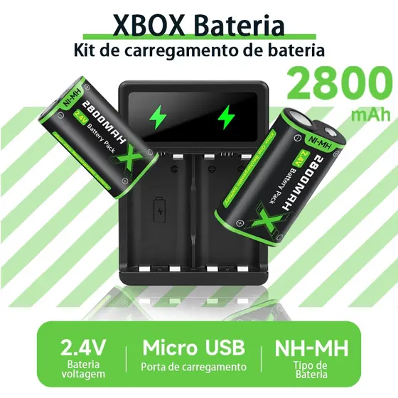 Carregador de Bateria Compatível Controle Xbox One Series S/X 2 Baterias 2800mAh Recarregáveis