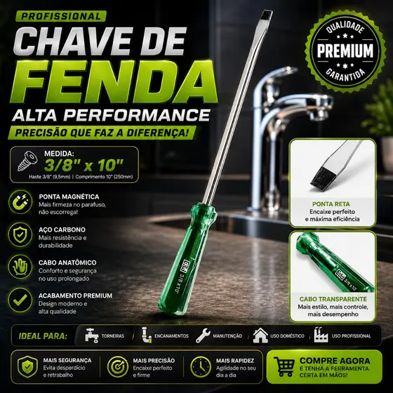 Chave Fenda Longa Profissional Imantada CR-V 3/8" Serviço Pesado Eletricista Mecânico