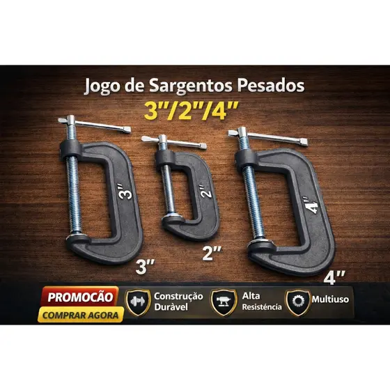 Jogo De Grampos Sargento Tipo C 2" 3" 4" Polegadas 3 Peças Marcenaria Carpintaria