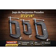 Jogo De Grampos Sargento Tipo C 2" 3" 4" Polegadas 3 Peças Marcenaria Carpintaria