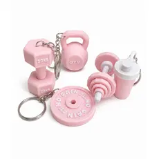 Kit 5 Chaveiros Academia Fitness Rosa Bebê – Mini Halter, Kettlebell, Barra e Shake | Presente Criativo