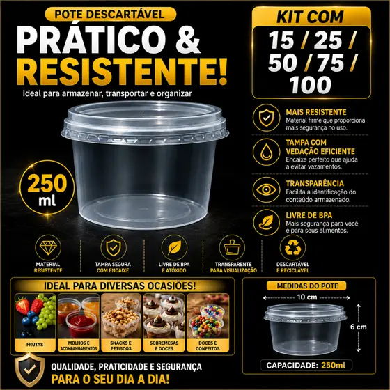 Pote Descartável Redondo 250ml com Tampa Transparente Plástico Resistente para bolo no pote Doces Molhos açai sorvete