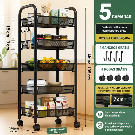 Carrinho Organizador Multifuncional 3/4/5 Camadas com Rodas - 4 Ganchos Grátis, para Cozinha e Ambientes da Casa