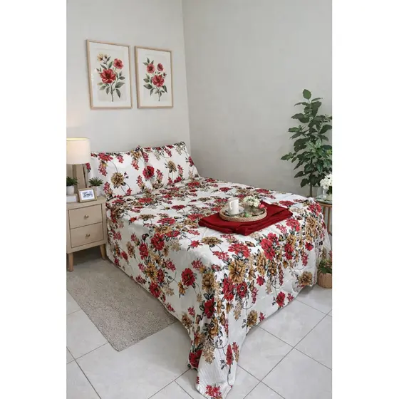 COLCHA PIQUET ESTAMPADA FLORAL PARA CAMA CASAL QUEEN MEDINDO 2,20m X 2,50m e 02 FRONHAS MEDINDO 0,50cm X 0,70cm