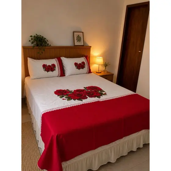 Lençol de casal pintado floral 03 peças para cama box medindo 2,00m X 2,20m e 02 fronhas 0,50 X 0,70