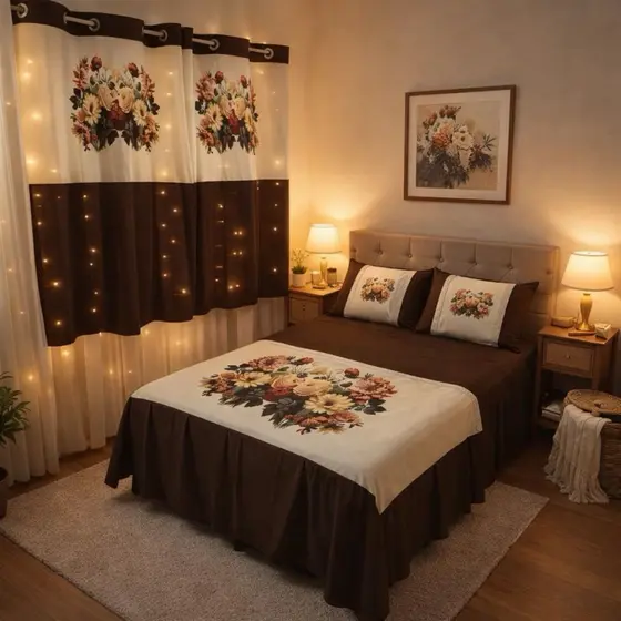KIT DE QUARTO CASAL FLORAL 5 PEÇAS COM UMA COLCHA COM BABADO MEDINDO 2,45m X 2,50m E DUAS CORTINAS PARA JANELA