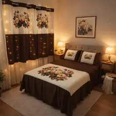 KIT DE QUARTO CASAL FLORAL 5 PEÇAS COM UMA COLCHA COM BABADO MEDINDO 2,45m X 2,50m E DUAS CORTINAS PARA JANELA