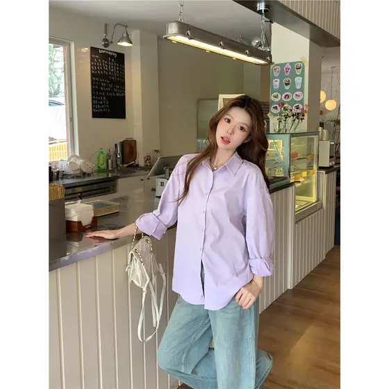 Candy Color Taro Roxo Versão Coreana Solta Casual Simples Camisa de Lapela de Manga Comprida Jaqueta