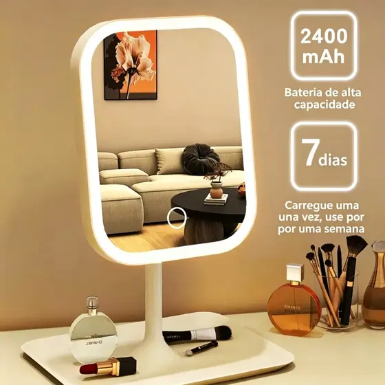 Espelho LED de Mesa Touch Recarregável USB para Maquiagem com Base Porta Objetos e 3 cores de luz