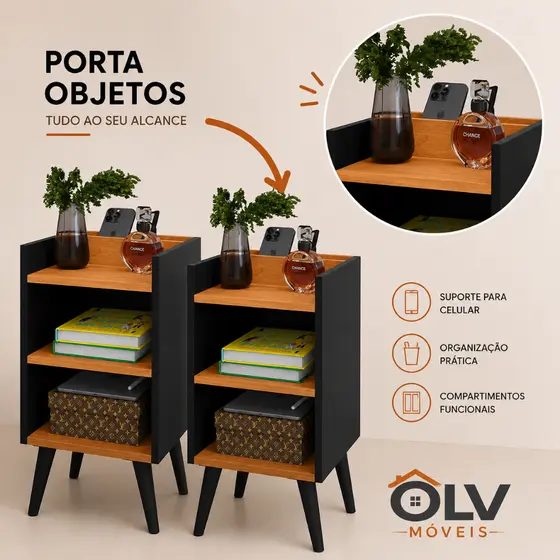 Kit 2 ou 1 Mesa de Cabeceira Max Moderna com Nicho Suporte de Celular Compacta Organizador para Quarto