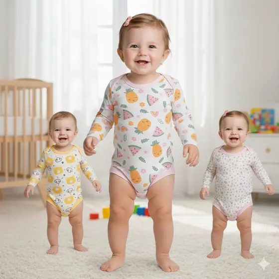 Kit 3 Peças Body Manga Longa Estampado Roupa de Bebê Enxoval RN ao G Menino Menina