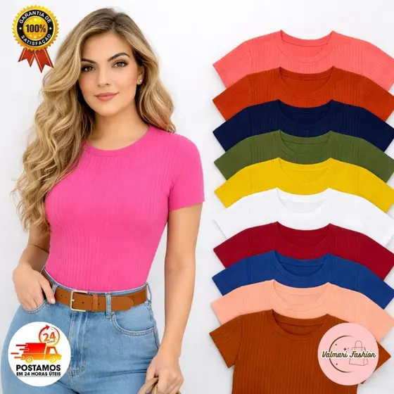 Kit Blusas Femininas T-Shirt em Malha Canelada Premium Básica Blusinha Canelada do P ao GG