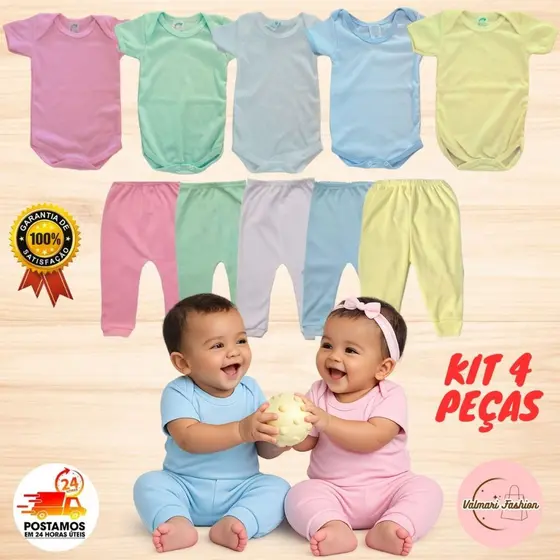 Kit 4 Peças Conjunto Bebê Body Manga Curta + Mijão Roupa de Bebê Menino Menina