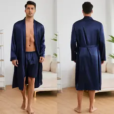 Conjunto De Camisola E shorts Masculinos , Roupa De Casa De Cor Pura , Roupão , Pijama Fino Masculina De Manga Comprida