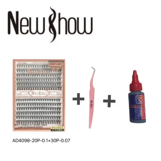 New Show 1 Cartela De AD4098-20P-0.1+30P-0.07 D 9-14MIX Cilios Tufos+1 Pinça+1 Super Cola 30ml Salon Pro