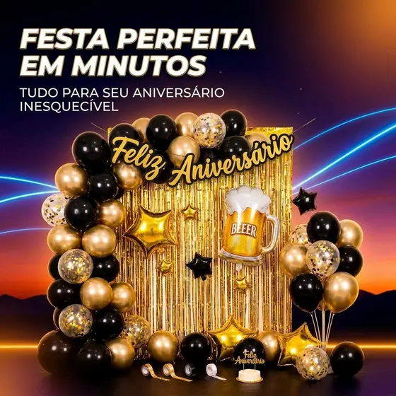 Decoração de Aniversário Kit Completo com 59 Itens Preto Dourado e Tema Cerveja