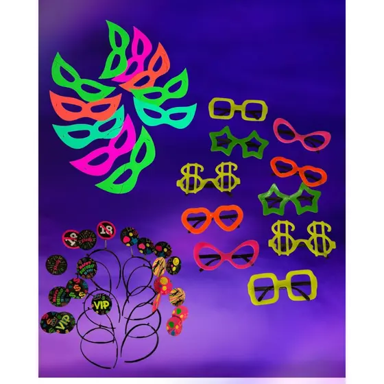 Kit 50 Itens Neon Balada 20 Tiara 20 Oculos + 10 Mascara Aniversario Casamento